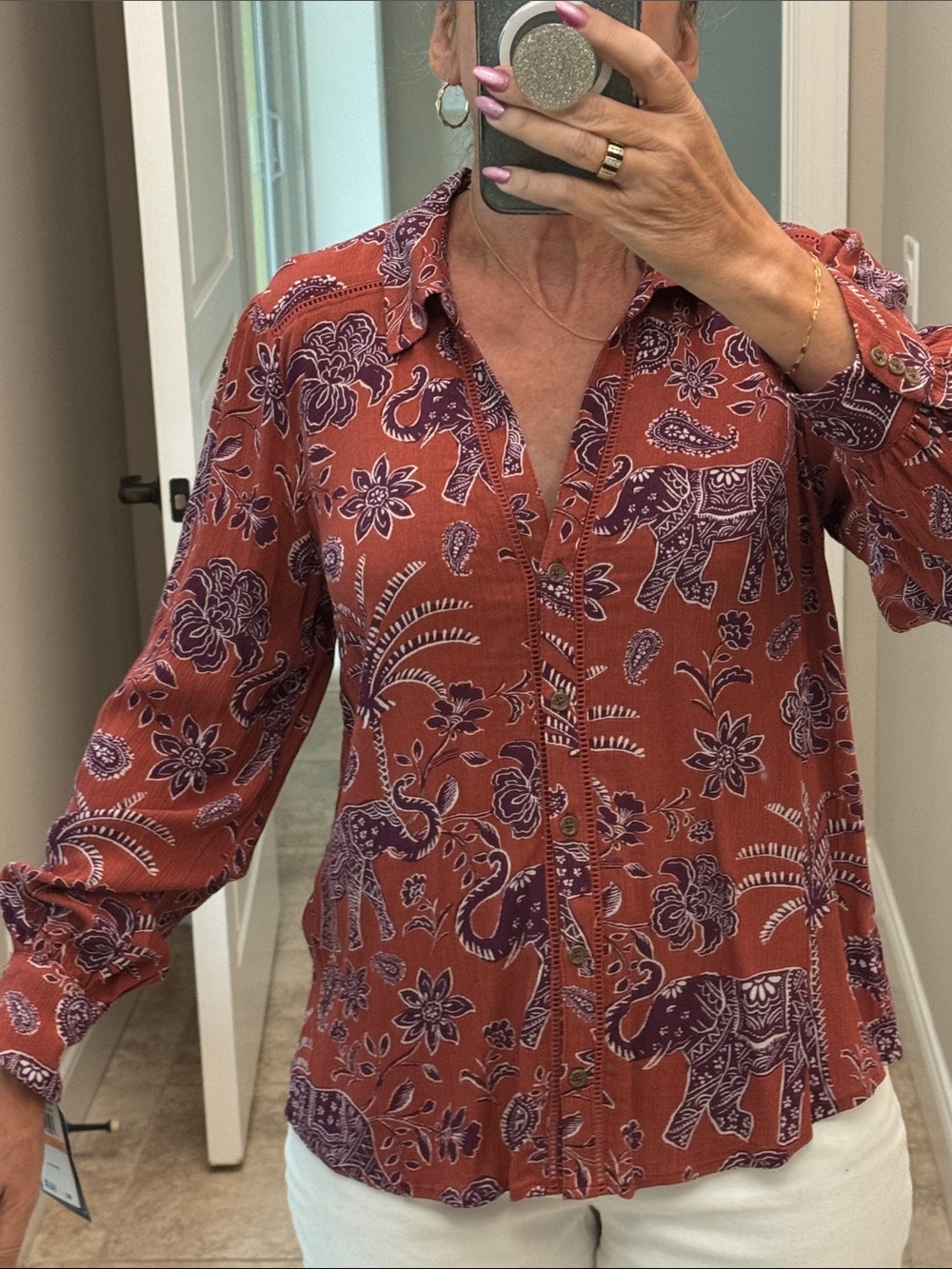 Democracy Rust Red and Purple Elephant Print Button-Up Shirt